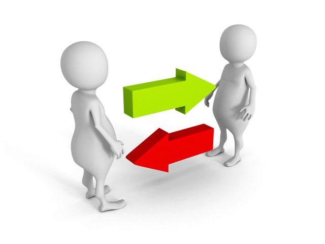two 3d men exchange connection concept with arrows. 3d render illustration