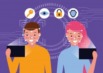 man and woman with mobile face scan vector illustration