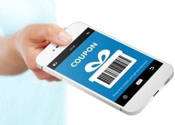 hand holding mobile phone with spring discount coupon isolated over white